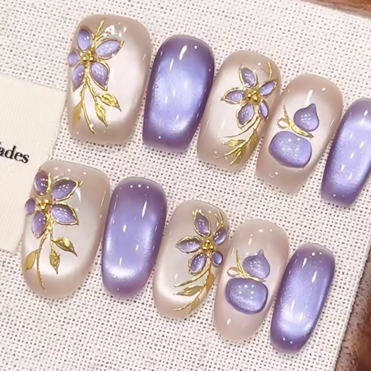 Wearable Press-on Nails Violet Flowers & Hulu - Size L